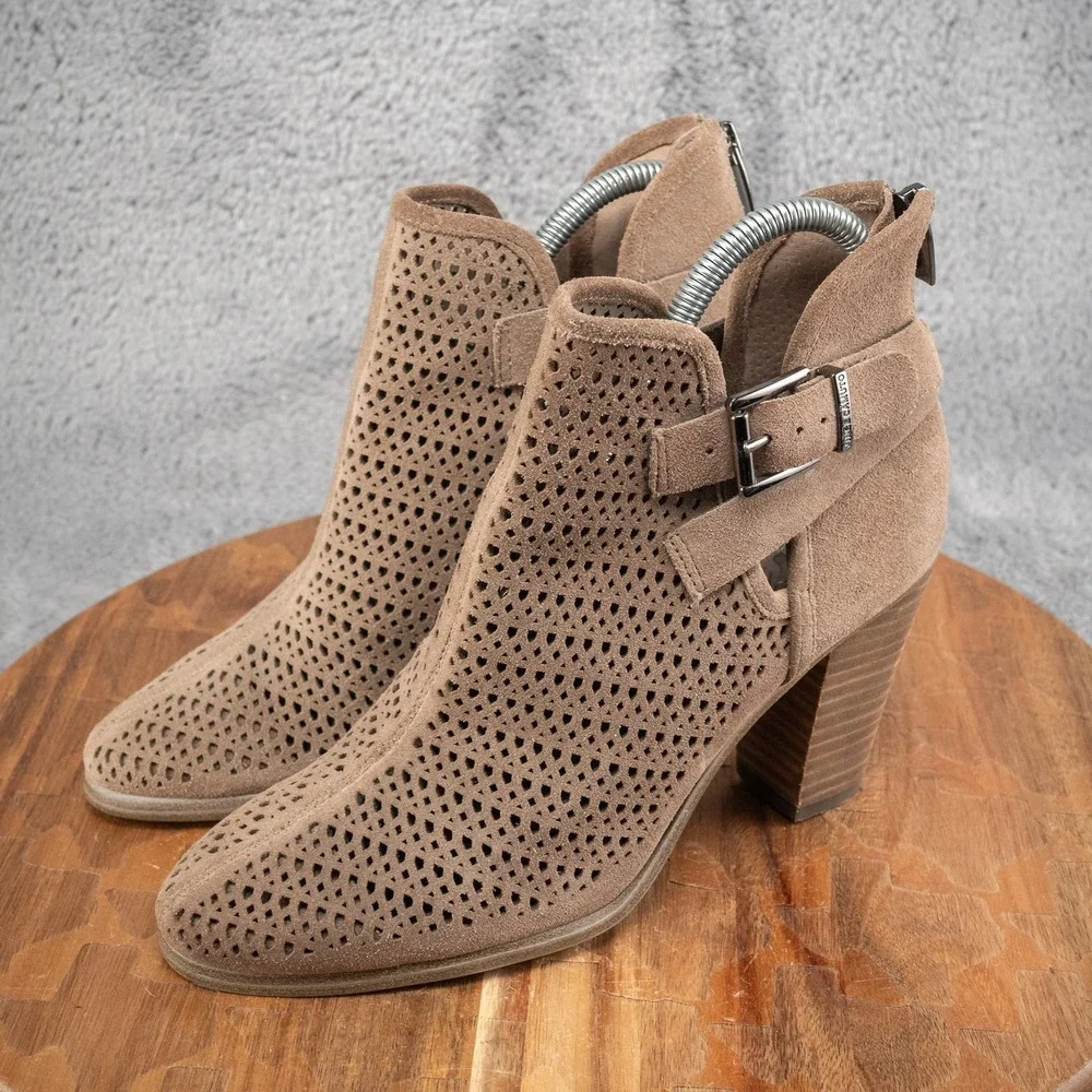 VINCE CAMUTO Women's Sz 7.5 Perforated Tan Suede  Booties‎ Ankle Boots Shoes